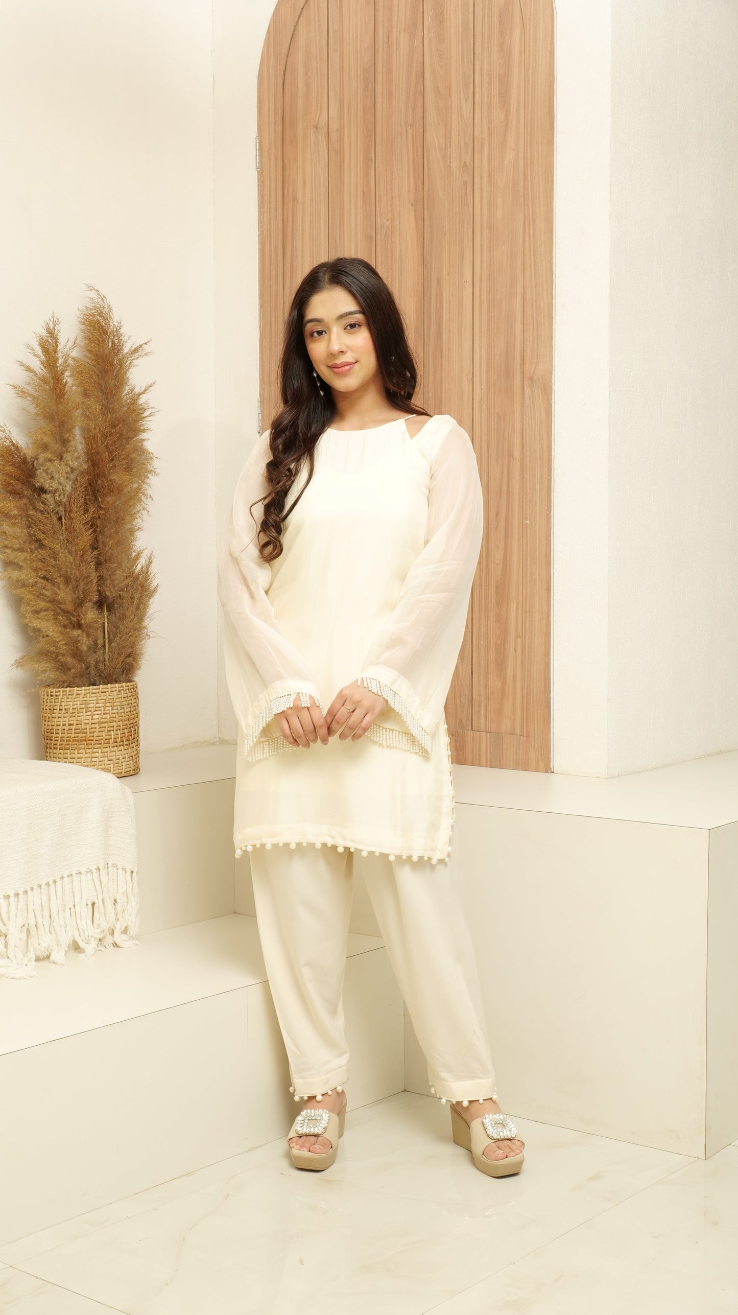 MEHNOOR PEARLED IVORY ORGANZA SET