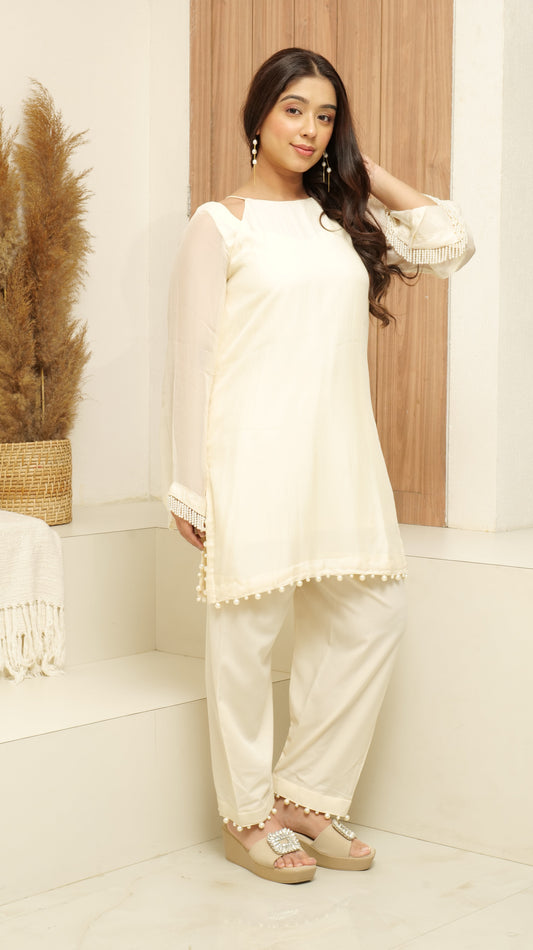 MEHNOOR PEARLED IVORY ORGANZA SET